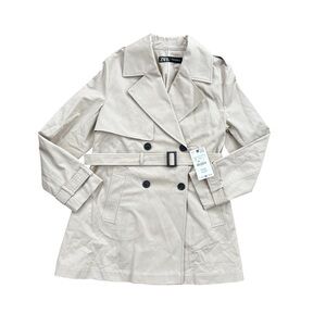 NWT Zara Belted Short Trench Coat Tan Size Small 100% Cotton